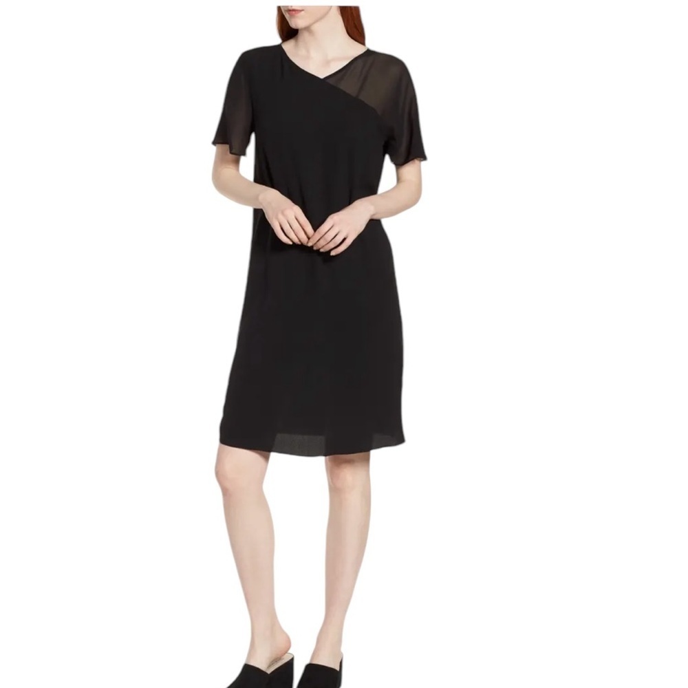 EILEEN FISHER XS Silk Georgette Crepe Dress Sheer Flutter Sleeves Minimalist